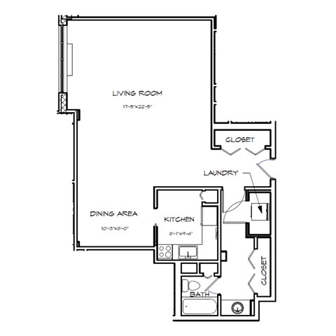 A floor plan of a small apartment with a living room, dining area, kitchen, and bathroom.